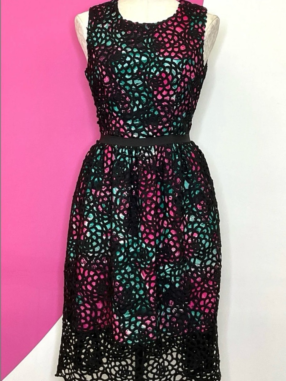 Wolven Crochet Overlay dress, Pink & Teal Accents size 4 Anthropologie